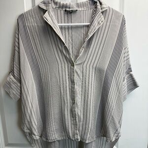 Eileen Fisher Silk Stripe Half Sleeve Button Up Blouse size XXS black and white